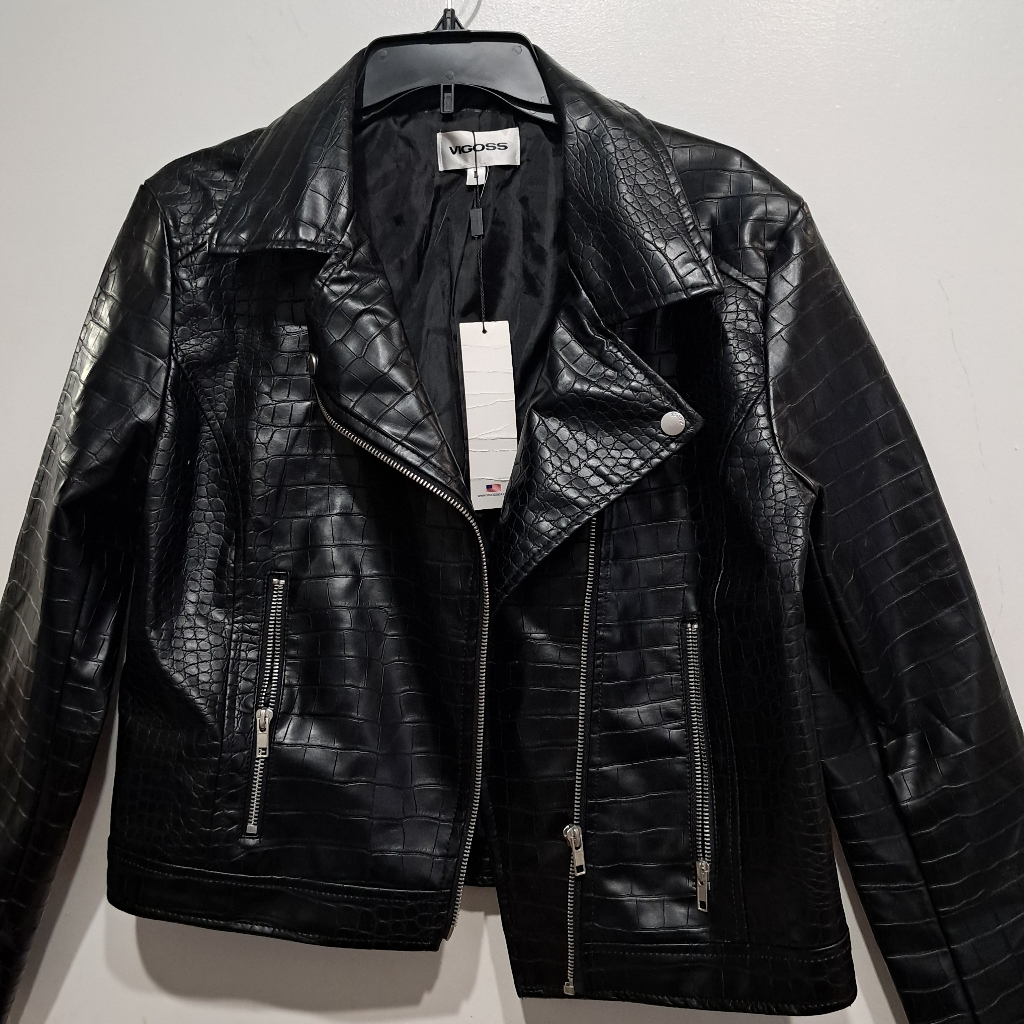 Vigoss CrocodileEmbossed Black Leather Jacket